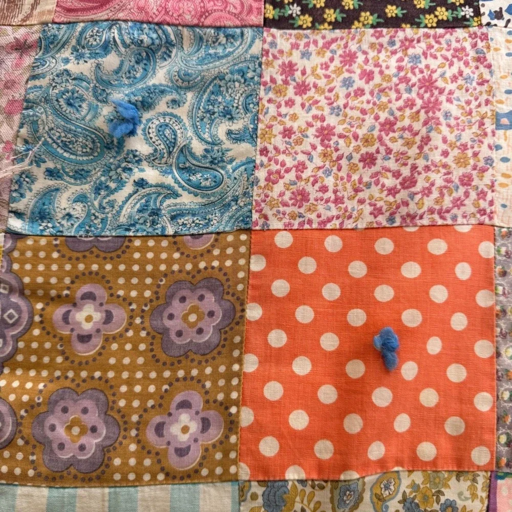 Handmade Vintage tied one-patch Quilt Throw Multicolor Blanket 83x72